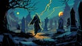 A horror scene of a ghostly figure haunting a graveyard. Fantasy concept , Illustration painting