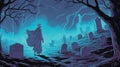 A horror scene of a ghostly figure haunting a graveyard. Fantasy concept , Illustration painting