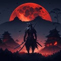 Horror scene of samurai warrior with katana on background of village and moon Royalty Free Stock Photo