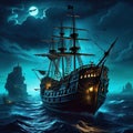 horror scenein ghost ship with cursed treasure and undead Fantasy concept