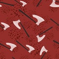 Horror seamless random pattern with viking ax silhouettes. Steel norway weapon ornament on red background with blood splashes