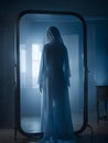 Horror silhouette of ghost inside dark room with mirror. Scary halloween concept