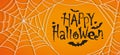 Horror style font with flying vampire bats and Happy Halloween text message. Vector Spider web isolated on orange Royalty Free Stock Photo