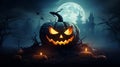 Horror view of Halloween pumpkin with scary smiling face. Head jack lantern with haunted building and tree on dark toned foggy