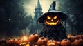 Horror view of Halloween pumpkin with scary smiling face. Head jack lantern with haunted building and tree on dark toned foggy