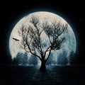 Horror View Silhouette of Dead Tree in front of Blue Big Moon Sky. 3d Rendering