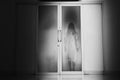 Horror woman stand at Closed Mirror doors Royalty Free Stock Photo