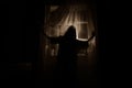 Horror woman in window wood hand hold cage scary scene halloween concept Blurred silhouette of witch. Selective focus Royalty Free Stock Photo