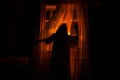 Horror woman in window wood hand hold cage scary scene halloween concept Blurred silhouette of witch. Selective focus