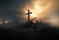 Horrors of war. Cross standing above destruction Royalty Free Stock Photo