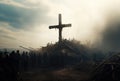 Horrors of war. People praying under the cross standing in the ruins Royalty Free Stock Photo