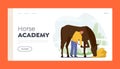 Horse Academy Landing Page Template. Stableman Male Characters Care of Purebred Horse Cleaning Hooves