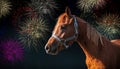 Horse against fireworks background. Royalty Free Stock Photo