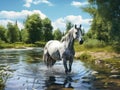 Horse alone drinking in a river during the summer