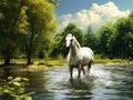 Horse alone drinking in a river during the summer