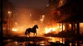 Horse amidst a burning cityscape at night, AI-generated.