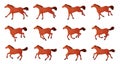 Horse animation. Cartoon horses running gait movements animate frames, walking or galloping race sequence cycle 2d