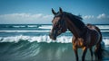 A horse on the beach on a sunny day.