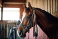 horse being brushed by grooming tools in stable