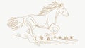 Exclusive image. A running horse. One-line drawing. It looks like a rich 3D embroidery with gold thread.