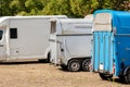 Horse box cargo trailer transport and horse transportation van at farm or ranch. Horsebox carriage lorry animal Royalty Free Stock Photo