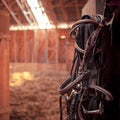 Horse bridles hanging in stable