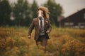 Horse in brown suit runs in a field of yellow flowers. Anthropomorphic animals concept Royalty Free Stock Photo