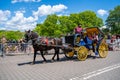 A horse and buggy carriage with coachman in Central Park in New York City. The carriage rides are in danger of being banned for Royalty Free Stock Photo