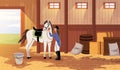 Horse care. Girl takes thoroughbred stallion car in racetrack stables, professional equestrian sport, woman washes and