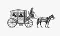 Horse carriage. Coachman on an old victorian Chariot. Animal-powered public transport. Hand drawn engraved sketch