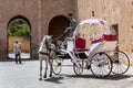 A horse and carriage doing a u-turn outside the old grainaries of the Heri es-Souni in Meknes, Morocco.