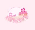 Horse carriage and a medieval castle - pink artistic card