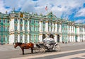 Horse Carriage On Palace Square And Hermitage Museum At Background, Saint Petersburg, Russia