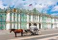Horse Carriage On Palace Square And Hermitage Museum In Saint Petersburg, Russia
