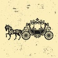 Horse-Carriage silhouette with horse. Vector illustration of brougham in baroque style. Vintage carriage isolated on dark backgrou