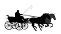 Horse carriages with coachman with whip in hand and two horses in gallop vector silhouette illustration isolated on white