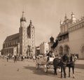 Horse carriages in front of Mariacki church Krakow Royalty Free Stock Photo