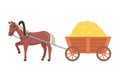 a horse carries a cart with hay. transportation of goods in the village.