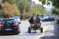 Horse Cart full of garbage and scrap, metal collectors riding their cart in suburban neighborhood. Pulled by horse gupsy cart Royalty Free Stock Photo