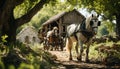 Horse cart transports livestock, traveling through rustic meadow generated by AI