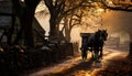 Horse cart travels through rustic autumn forest at dusk generated by AI Royalty Free Stock Photo