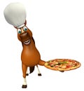 Horse cartoon character with chef hat and pizza