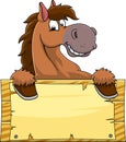 Horse Cartoon Mascot Character Over A Blank Wooden Sign Board