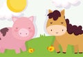 Horse chickens and piggy meadow farm animals