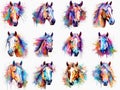 Horse collection, horses, watercolor illustration, isolated on white background, vivid colours. Generative ai Royalty Free Stock Photo