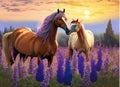 Horse couple in flowers at sunset Royalty Free Stock Photo