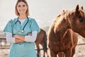 Horse doctor, portrait and woman with smile outdoor at farm for health, care or happy for love, animal or nature. Vet Royalty Free Stock Photo