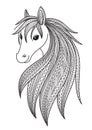 Horse doodle coloring book page. Antistress for adult. Zentangle style. Chinese symbol of the year the horse in the eastern