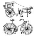 Horse-drawn carriage or coach and bicycle, bike or velocipede. travel illustration. engraved hand drawn in old sketch Royalty Free Stock Photo