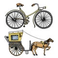 Horse-drawn carriage or coach and bicycle, bike or velocipede. travel illustration. engraved hand drawn in old sketch Royalty Free Stock Photo